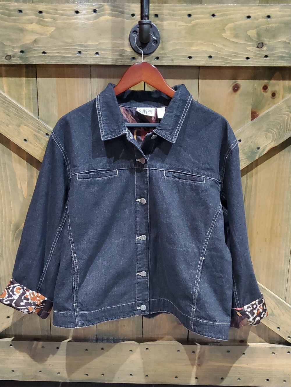 Chico's Dark Black Denim Jacket with Patterned Cuff Classic Casual Chic Resort